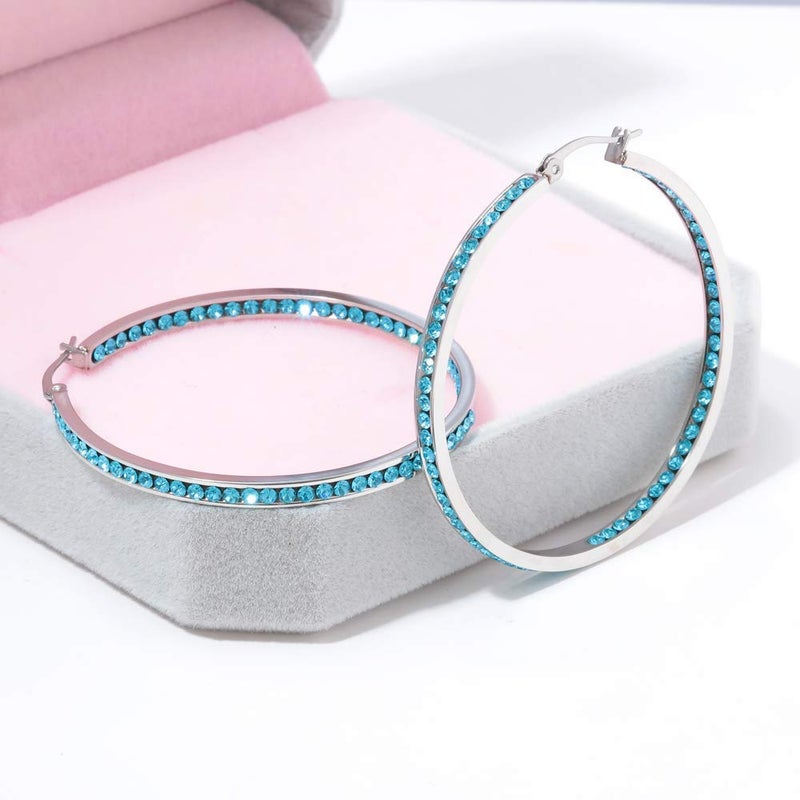 CiNily Earring Hoops-Large Hoops Stainless Steel Hoop Earrings for Women Blue Cubic Zirconia Big Hoop Earrings 2" - Image 4